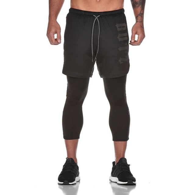 2019 New FAKE 2 IN 1 Men's Calf-Length Pants Gyms Fitness